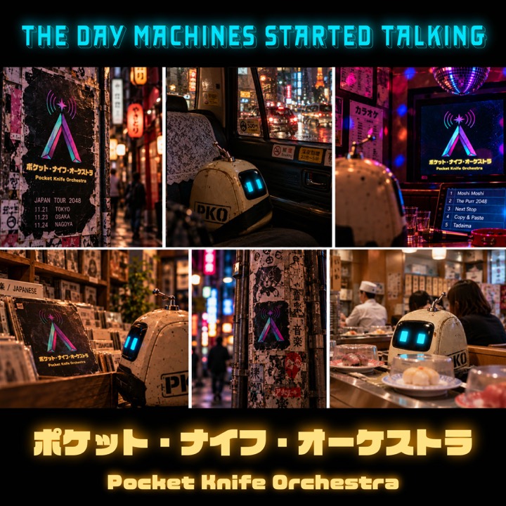 Album cover: six night scenes in Japan with a small white robot, and the band name in yellow katakana