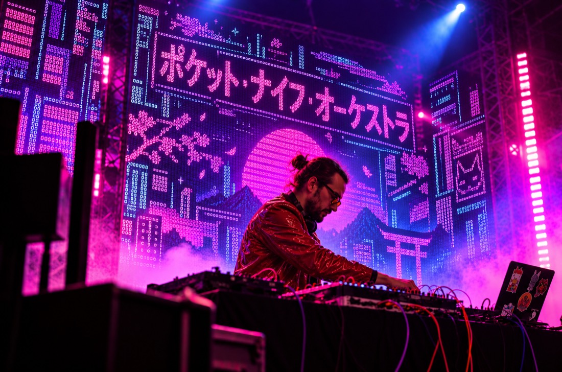 Hal Vesper at a synth rig in a red jacket, in front of an LED wall showing the band name in katakana
